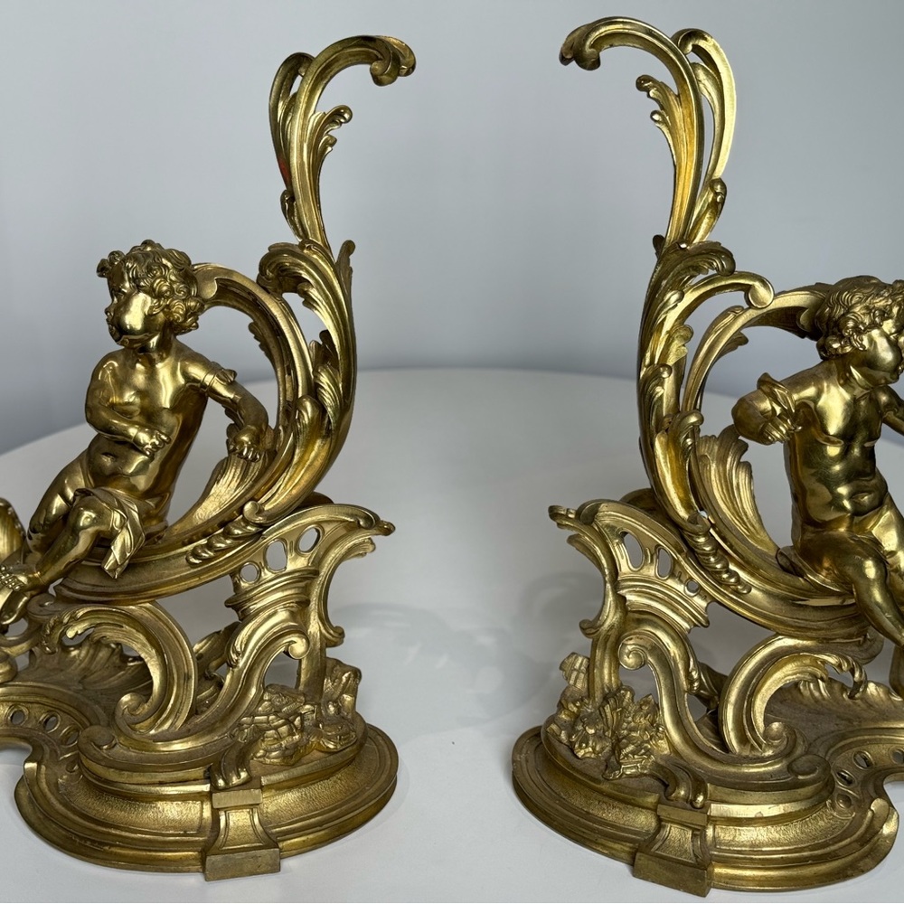 Louis XV Style Bronze Fireplace Andirons, Tool Set & PALMABRONZ Paris Screen